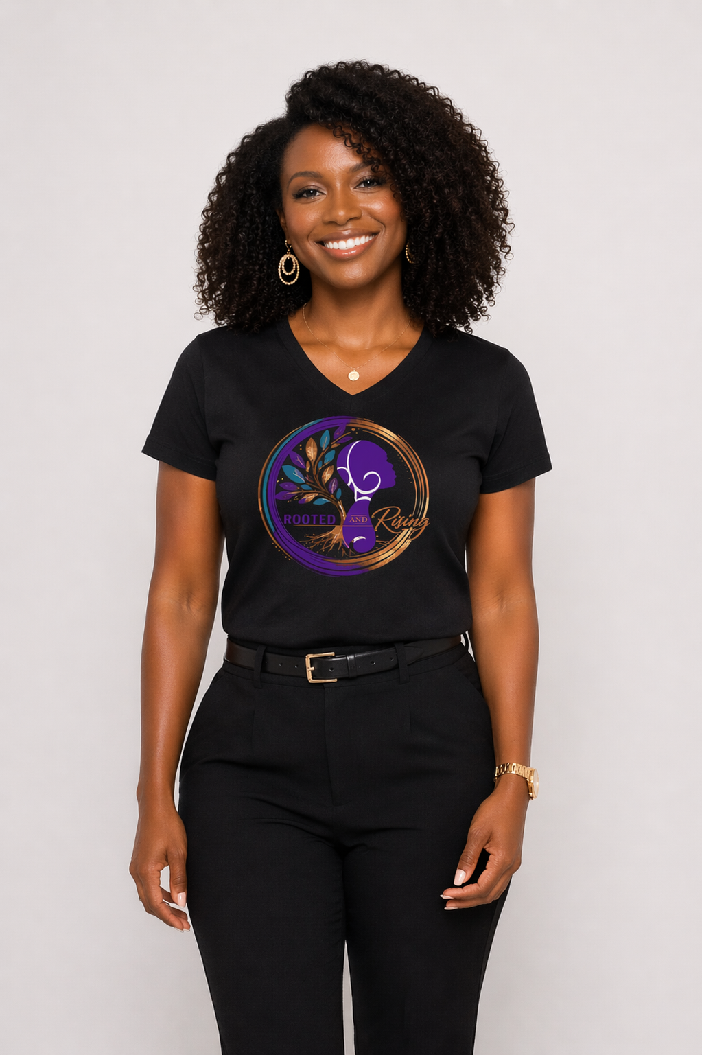 Rooted And Rising V Neck Tee - Black