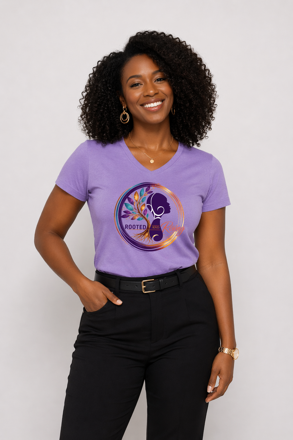 Rooted And Rising V Neck Tee - Lavendar